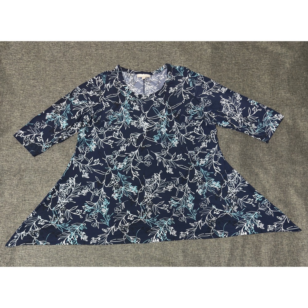 Woman Within Women's 18/20 L Tunic Top Navy Blue Floral 3/4 Sleeve A-Line